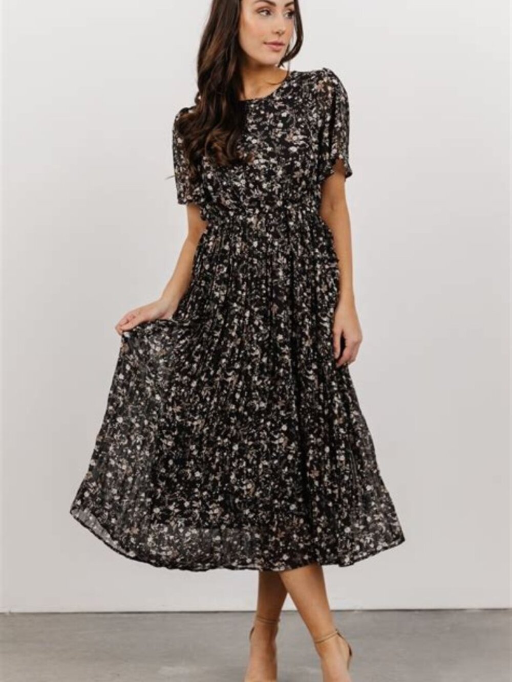 Baltic Born Dress Womens Belfast Pleated Midi Black Floral Chiffon Cottagecore